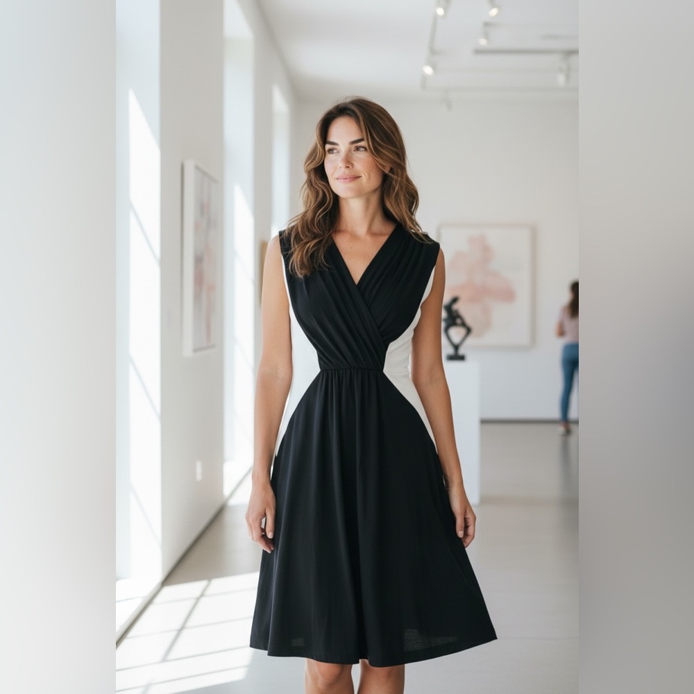 Calvin Klein Black White Colorblock Faux Wrap Sleeveless Midi Dress Size 10